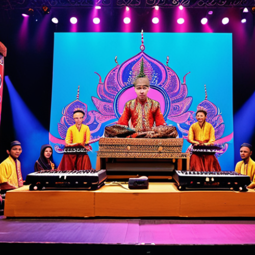 Home 11 **
A vibrant and colorful scene showcasing a modern Gamelan performance on a digital stage. Traditional Gamelan instruments are blended with electronic music equipment, with young Malaysian musicians collaborating on stage. The background features a fusion of traditional Malay motifs and modern digital art, appealing to a young, hip audience. Focus on capturing the energy and fusion of traditional and modern elements. AdSense banner subtly placed at the bottom.
**