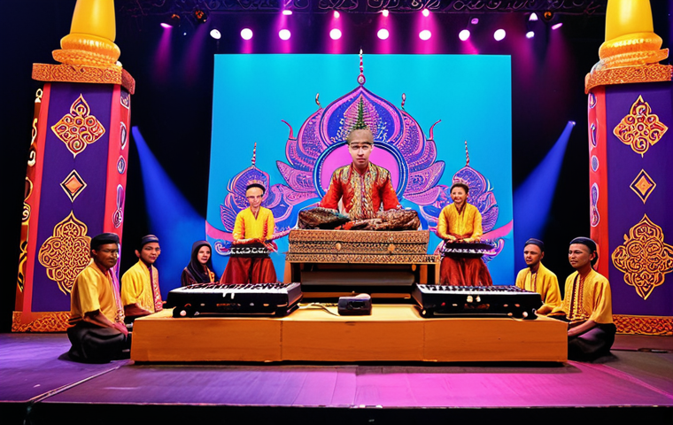 **
A vibrant and colorful scene showcasing a modern Gamelan performance on a digital stage. Traditional Gamelan instruments are blended with electronic music equipment, with young Malaysian musicians collaborating on stage. The background features a fusion of traditional Malay motifs and modern digital art, appealing to a young, hip audience. Focus on capturing the energy and fusion of traditional and modern elements. AdSense banner subtly placed at the bottom.
**